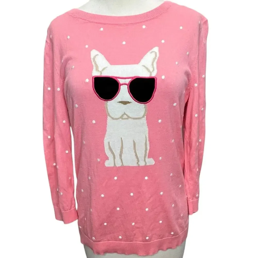 Talbots Sweater Womens M Pink Embroidered Novelty Dog Frenchie‎ Preppy Feminine